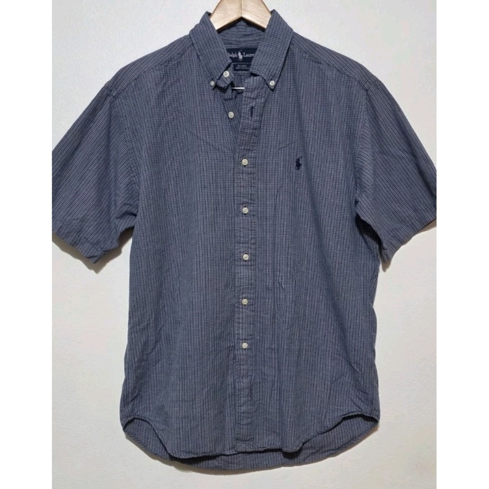 Polo Ralph Lauren Men Blue Check Plaid Pony Casual Shirt Short Sleeve Button EUC